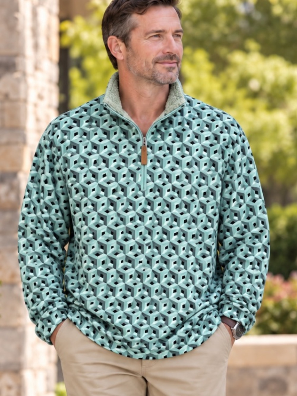 USA Palm Reversible Light Sherpa Pullover Men's Green Geometric Print 1/4 Zip XL